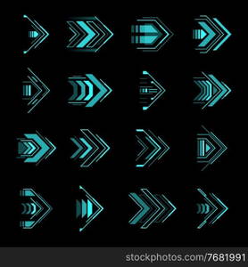 Hud arrows, futuristic navigation pointers, Sci Fi Ui interface vector elements. Futuristic neon glowing buttons for computer game or app menu, modern graphic design in digital techno style set. Hud arrows, futuristic navigation Sci Fi pointers