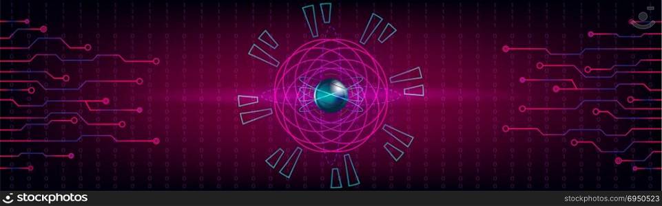 HUD background hi tech hologram. Infographic elements. Atom core, electrons, neutrons. Numbers and futuristic lines. Vector.