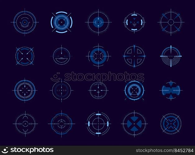 HUD circle aim. Target system futuristic game user interface, military round focus control, sniper weapon sight. Vector dashboard set for aiming screen interface, futuristic digital illustration. HUD circle aim. Target system futuristic game user interface, military round focus control, sniper weapon sight. Vector dashboard element set for aiming