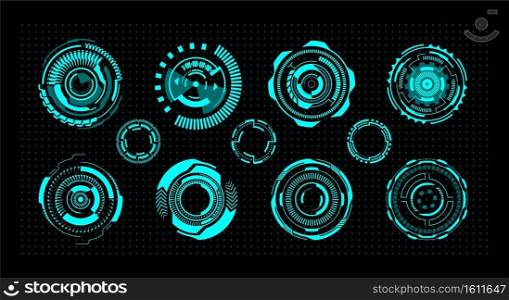 Hud circles. Futuristic digital UI round elements. Virtual leisure games interface templates. Isolated neon signs of modern radar or viewfinder. Abstract geometric illuminated frames, vector flat set. Hud circles. Futuristic digital UI round elements. Virtual games interface templates. Isolated neon signs of modern radar or viewfinder. Abstract geometric illuminated frames, vector set