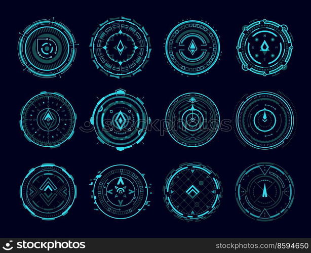 HUD compass, aim control panel elements, vector digital interface radars. HUD futuristic technology or game compass or target position arrows, navigation and tracking gauges of spaceship dashboard. HUD compass, aim control panel and radar elements