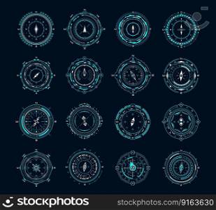 HUD compass, futuristic vector set of optical round aiming, sci-fi spaceship dashboard≠on glowing e≤ments. Aim control pa≠l or navigation∫erface. Modern techno display, digital focus indication. HUD compass, futuristic vector set of round aiming