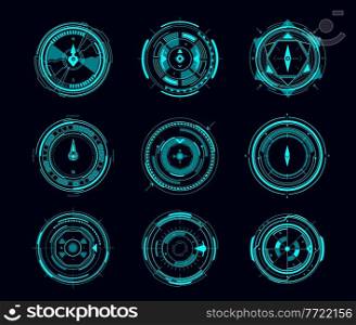 HUD compass or aim control panel of futuristic navigation interface. Vector ui of Sci Fi game with digital compass or viewfinder displays, neon glowing wind rose arrows, target scopes and crosshair. HUD compass, aim control, futuristic interface