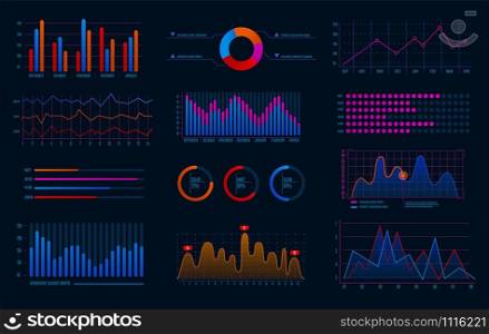 Hud dashboard. Technology user interface, futuristic infographic diagram digital screen with hologram, options and workflow technological chart vector presentation panel set. Hud dashboard. Technology user interface, futuristic infographic diagram digital screen with hologram, options and workflow chart vector set
