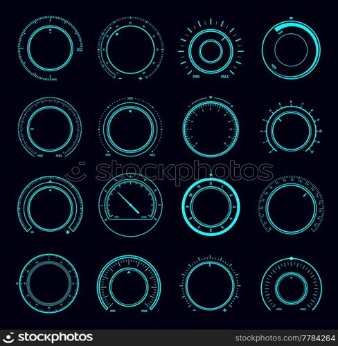 HUD dial interface, volume round knob switch and music sound control regulators. Vector head up display digital buttons of Sci Fi or futuristic game UI, sound level knobs with max min scales. HUD dial interface, volume round knob switch