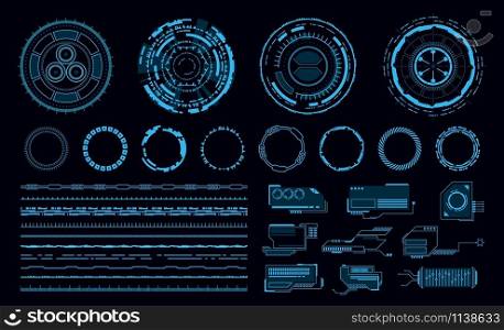 Hud elements. Futuristic blue virtual graphic touch user interface, web application. Line and circle frame and pointer, display vector modern navigation elements. Hud elements. Futuristic blue virtual graphic touch user interface, web application. Line and circle frame and pointer, display vector elements