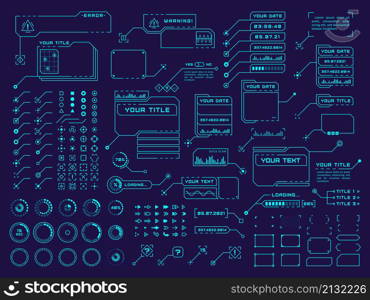 Hud elements. Futuristic technology element, hi tech design. Ui interface digital button, arrows and callout frames tidy vector collection. Illustration of digital technology, hud futuristic. Hud elements. Futuristic technology element, hi tech design. Ui interface digital button, arrows and callout frames tidy vector collection