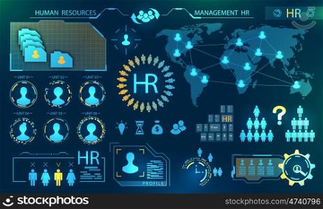 HUD Elements, Search Human Resources. Profile, Resume, Candidate, Analytics of Select Leader of Teamwork. HUD Elements, Search Human Resources. Profile, Resume, Candidate, Analytics of Select Leader of Teamwork - Illustration Vector