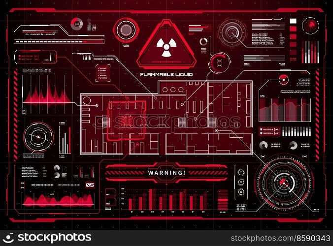 HUD fire protection and safety system display interface. Warning alert of fire ignition. Radioactive pollution danger message info box or vector call out title, infographics with sound wave and graph. HUD fire protection and safety display interface