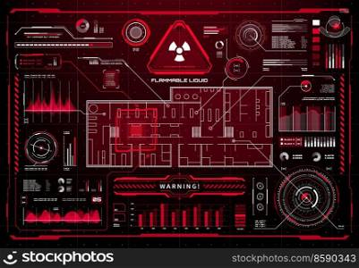 HUD fire protection and safety system display interface. Warning alert of fire ignition. Radioactive pollution danger message info box or vector call out title, infographics with sound wave and graph. HUD fire protection and safety display interface
