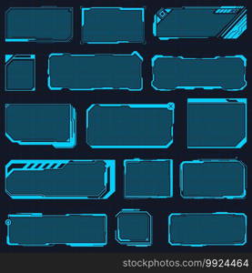 Hud frames. Digital futuristic hud interface panels, hologram high tech screen, modern interface window vector illustration set. Futuristic hologram frames. Display sci fi boxes for game. Hud frames. Digital futuristic hud interface panels, hologram high tech screen, modern interface window vector illustration set. Futuristic hologram frames