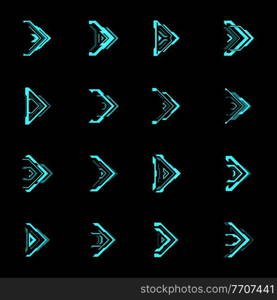 HUD futuristic arrows and navigation pointers vector interface. Sci Fi and cyberpunk games. Blue neon light arrow cursors, next signs and right movement direction pointers design of game ui or gui. HUD futuristic arrows and navigation pointers