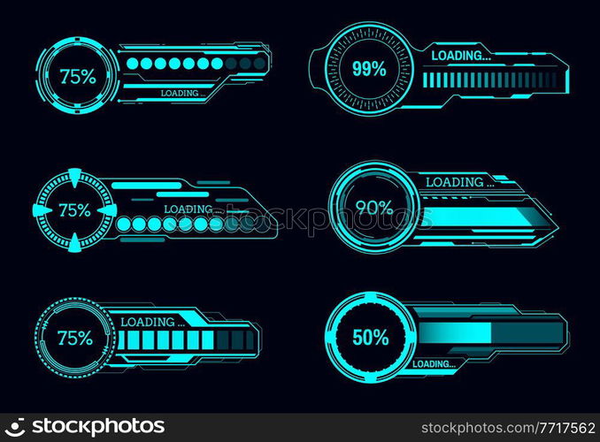 HUD futuristic loading progress bars, Sci Fi vector user interface. Game ui digital screen or control panel, future technology dashboard elements of neon status bars with progress indicators. HUD futuristic progress bars, Sci Fi interface