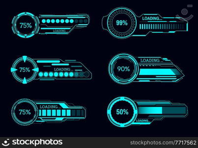 HUD futuristic loading progress bars, Sci Fi vector user interface. Game ui digital screen or control panel, future technology dashboard elements of neon status bars with progress indicators. HUD futuristic progress bars, Sci Fi interface