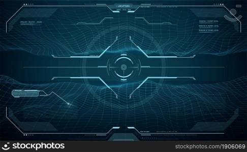 HUD futuristic monitor screen, target aim control interface vector design of Sci Fi game ui. Digital head up display of future technology with hologram dashboard panel, tracking frame and crosshair. HUD monitor screen, target aim control interface