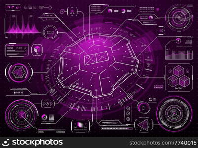 HUD futuristic prison security interface screen, safeguard movement and cameras controls, vector hologram display. HUD technology virtual jail or prison cells with monitoring panel or dashboard. HUD futuristic prison security interface screen