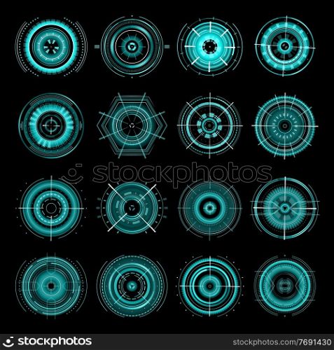 HUD futuristic target aims, sci fi ui interface icons vector set. Military optical aiming, spaceship crosshair signs for user interface. techno screen neon elements, collimator sight, gun focus range. HUD futuristic target aims, sci fi interface icons
