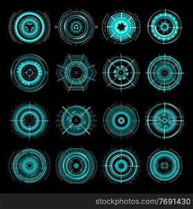 HUD futuristic target aims, sci fi ui interface icons vector set. Military optical aiming, spaceship crosshair signs for user interface. techno screen neon elements, collimator sight, gun focus range. HUD futuristic target aims, sci fi interface icons