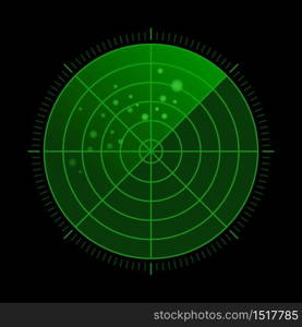 HUD green radar with targets in action. Military search system, vector illustration