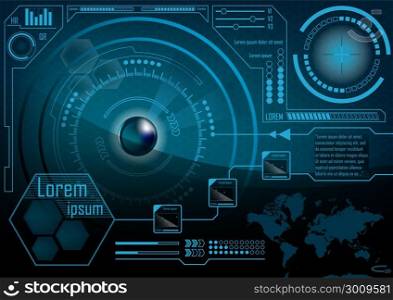 HUD GUI Radar monitor screen. Futuristic game technology outer space background. User interface world map, business abstract infographic template. Virtual head-up display elements for app. Vector.