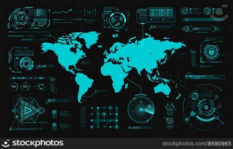HUD hologram interface, earth digital map infographic charts and graphs, futuristic technology. HUD world earth data and controls on virtual screen vector dashboard, cyber future UI interface. HUD hologram interface, earth digital map charts