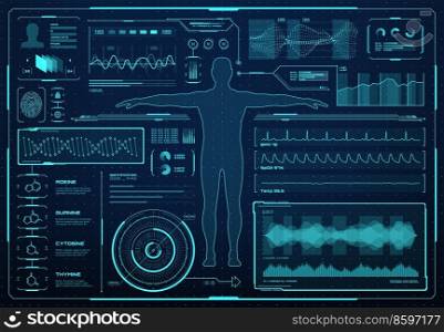 HUD interface, health care and medicine graphs, charts and infographics, vector futuristic medical technology, HUD interface with human body hologram, medical diagnostics and future biomedicine screen. HUD interface, health care future medicine graphs