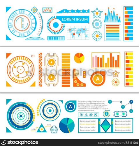 HUD interface horizontal banners set with different color virtual panel templates flat isolated vector illustration. Hud Interface Banners