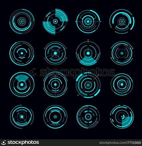 HUD interface round radar futuristic circle. Game interface elements, future or Sci Fi weapon electronic sights designs set, vector infographics circle diagrams, UI interface blue neon light icons. HUD interface radar, UI and game design elements