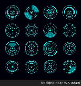 HUD interface round radar futuristic circle. Game interface elements, future or Sci Fi weapon electronic sights designs set, vector infographics circle diagrams, UI interface blue neon light icons. HUD interface radar, UI and game design elements