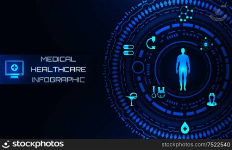 HUD Interface Virtual Future System Health Care. Science Background - Illustration Vector. HUD Interface Virtual Future System Health Care. Science Background