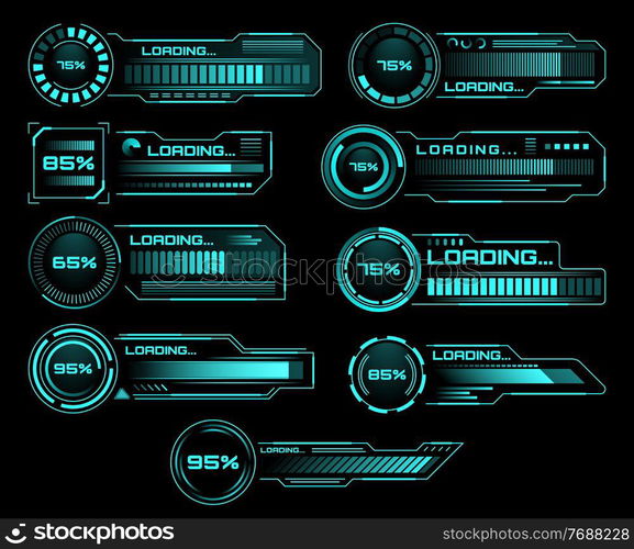 HUD loading progress bars, Sci Fi interface, vector digital futuristic elements for dashboard, technology style neon glowing ui navigation for game menu design or web site data load, technology theme. HUD loading progress bars, Sci Fi vector interface