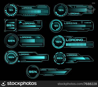 HUD loading progress bars, Sci Fi interface, vector digital futuristic elements for dashboard, technology style neon glowing ui navigation for game menu design or web site data load, technology theme. HUD loading progress bars, Sci Fi vector interface