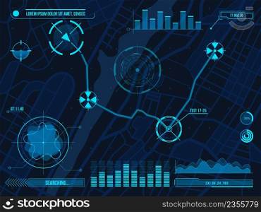 Hud navigation map cyber design with aims, diagrams and charts. Futuristic UI for city streets roadmap gps orientation app vector template. Virtual interface with com pass and direction. Hud navigation map cyber design with aims, diagrams and charts. Futuristic UI for city streets roadmap gps orientation app vector template