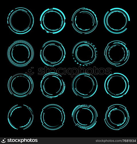 HUD round frames or borders, vector sci fi circular neon elements for UI interface. Futuristic glowing circles, buttons for computer game or app menu panel, modern design in techno HUD style. HUD round frames or borders vector sci fi elements