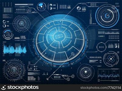HUD Sci Fi interface with circular aim target control, radar and sound check vector graphic elements. Game UI, program or app user interface futuristic design graphs, circular diagrams and waves. HUD Sci Fi vector interface with circular targets
