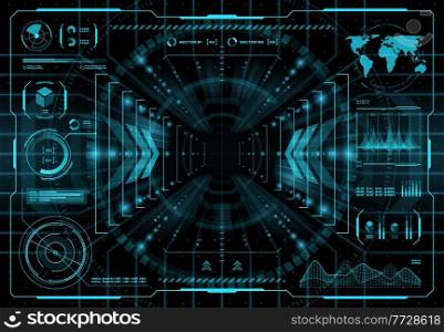 HUD teleportation portal interface, futuristic innovation teleport technology vector interface screen with visual data graph, diagram and world map, space or army future technology, game UI dashboard. HUD teleportation portal interface background