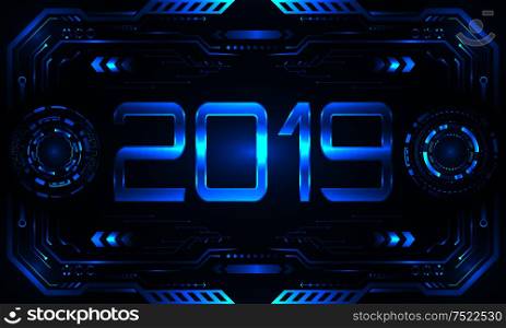 HUD UI Futuristic Frame with Text 2019, Happy New Year. Virtual Background - Illustration Vector. HUD UI Futuristic Frame with Text 2019, Happy New Year. Virtual Background