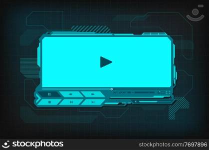 HUD video player futuristic interface. Vector digital ski-fi template with play button, menu bar and slider on neon glowing screen. Ui, ux hi-tech skin web design for online movie multimedia content. HUD video player futuristic interface, web design