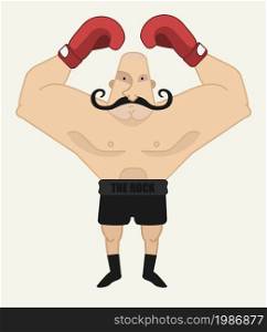 Huge, bald, retro style boxer in red gloves illustration isolated on white. Boxer illustration