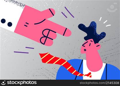 Huge boss hand point threaten to scared male employee or worker about firing. Businessman or employer make warning to man at workplace. Subordinate, job discrimination. Vector illustration. . Boss threaten to scared male employee at workplace