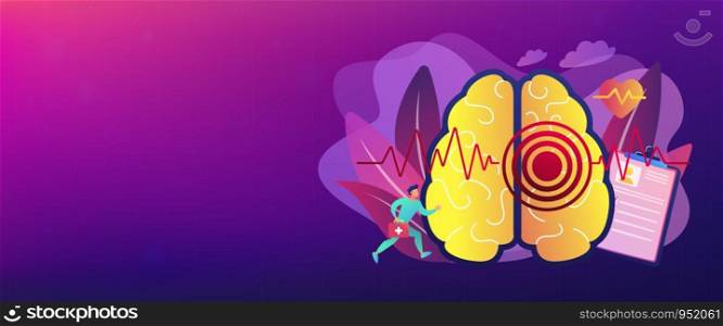 Huge brain with red circles pain epicenter and doctor running. Stroke and headache, oxygen-deprived brain and first aid concept on white background. Header or footer banner template with copy space.. Stroke concept banner header.
