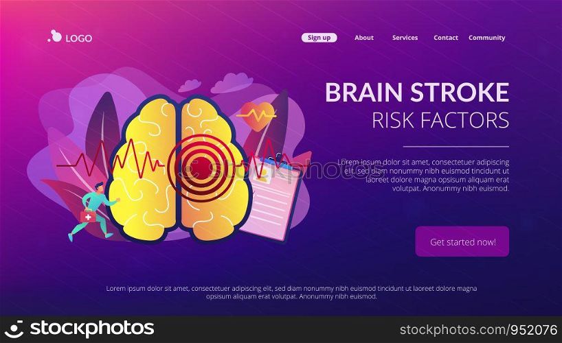 Huge brain with red circles pain epicenter and doctor running. Stroke and headache, oxygen-deprived brain and first aid concept on white background. Website vibrant violet landing web page template.. Stroke concept landing page.