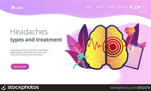 Huge brain with red circles pain epicenter and doctor running. Stroke and headache, oxygen-deprived brain and first aid concept on white background. Website vibrant violet landing web page template.. Stroke concept landing page.