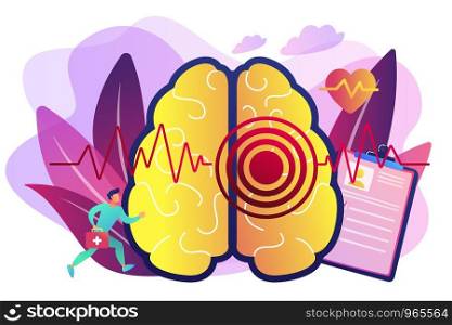 Huge brain with red circles pain epicenter and doctor running. Stroke and headache, oxygen-deprived brain and first aid concept on white background. Bright vibrant violet vector isolated illustration. Stroke concept vector illustration.