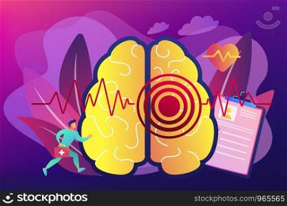 Huge brain with red circles pain epicenter and doctor runs. Stroke and headache, oxygen-deprived brain, first aid concept on ultraviolet background. Bright vibrant violet vector isolated illustration. Stroke concept vector illustration.