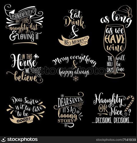 Huge Christmas quotes collection isolated on black. Vector