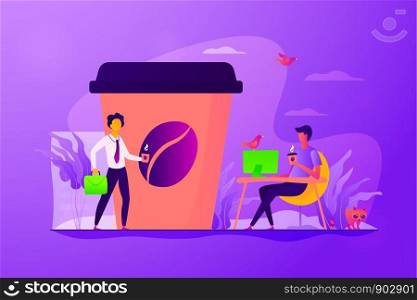 Huge coffee cup and tiny business people drinking take away coffee outside and in office. Take away coffee, on the go drink, take away business concept. Vector isolated concept creative illustration.. Take away coffee concept vector illustration.