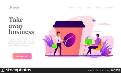 Huge coffee cup and tiny business people drinking take away coffee outside and in office. Take away coffee, on the go drink, take away business concept. Website homepage header landing web page template.. Take away coffee landing page template.