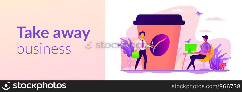 Huge coffee cup and tiny business people drinking take away coffee outside and in office. Take away coffee, on the go drink, take away business concept. Header or footer banner template with copy space.. Take away coffee web banner concept.