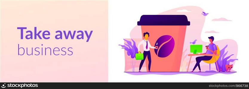 Huge coffee cup and tiny business people drinking take away coffee outside and in office. Take away coffee, on the go drink, take away business concept. Header or footer banner template with copy space.. Take away coffee web banner concept.